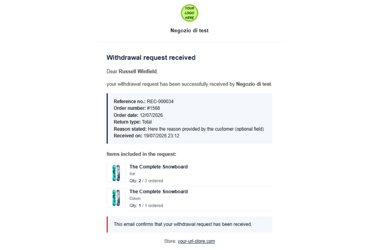 Confirmation email to the customer