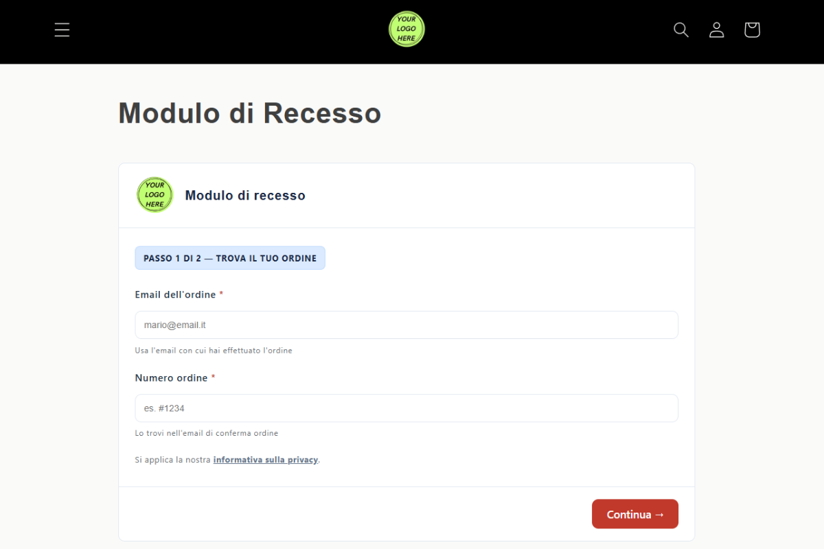 Modulo di recesso nel negozio